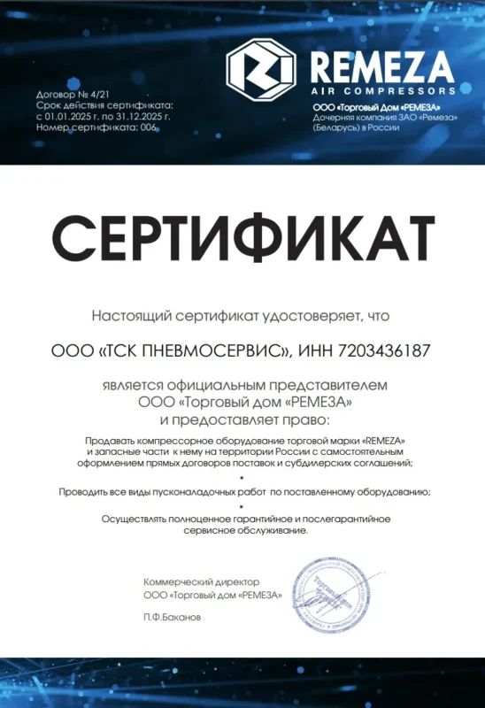 Сертификат Remeza ТСК Пневмосервис